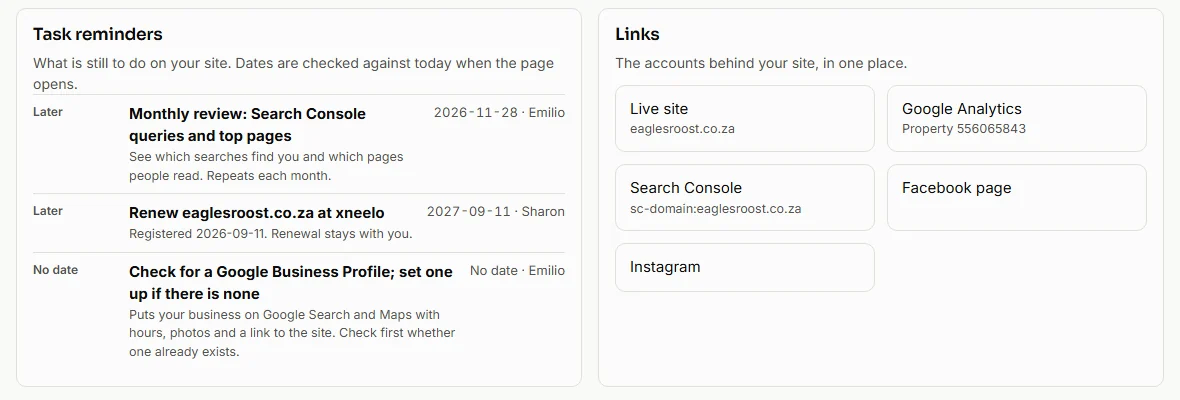 Task reminders with dates and owners, and links to the client's own accounts, on the Eagle's Roost dashboard