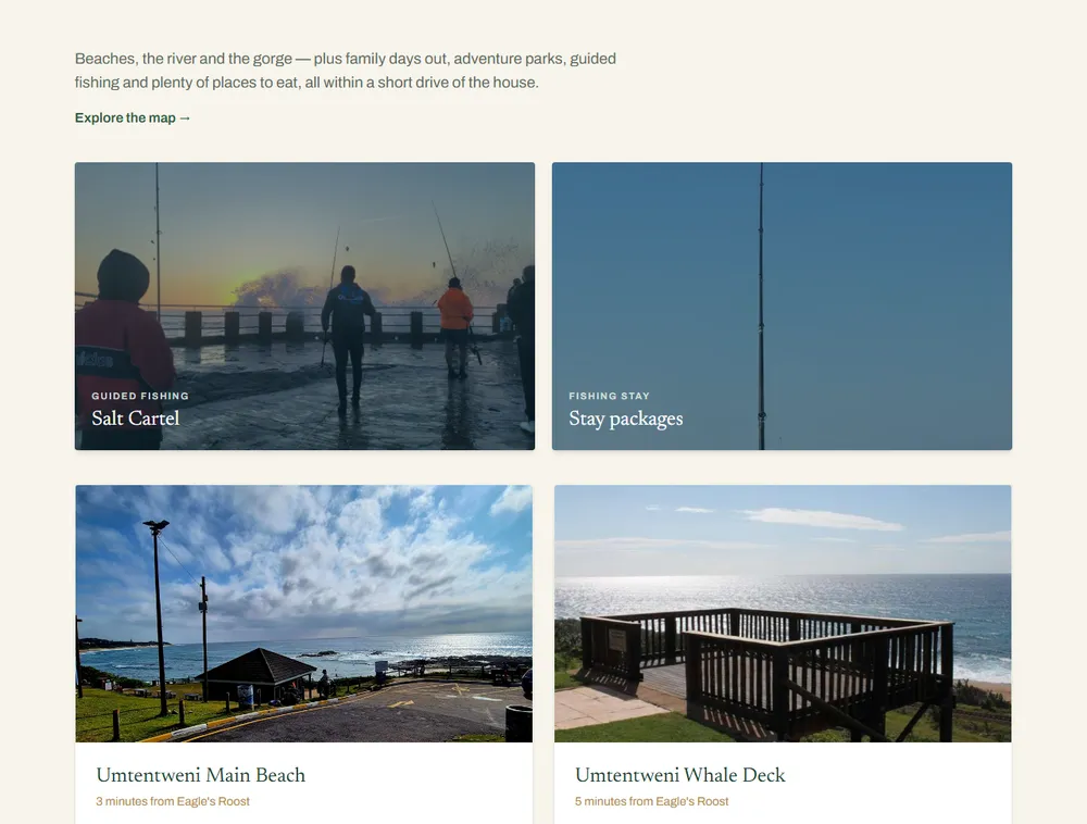 Eagle's Roost attractions page: guided fishing, the main beach and the whale deck