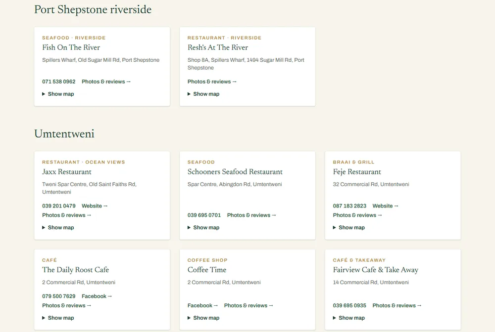 Eagle's Roost restaurants page: cards per restaurant with address, phone and map