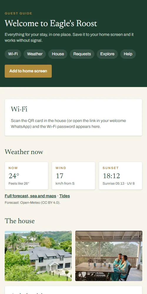 Eagle's Roost guest guide app: Wi-Fi, weather now, the house and check-in times