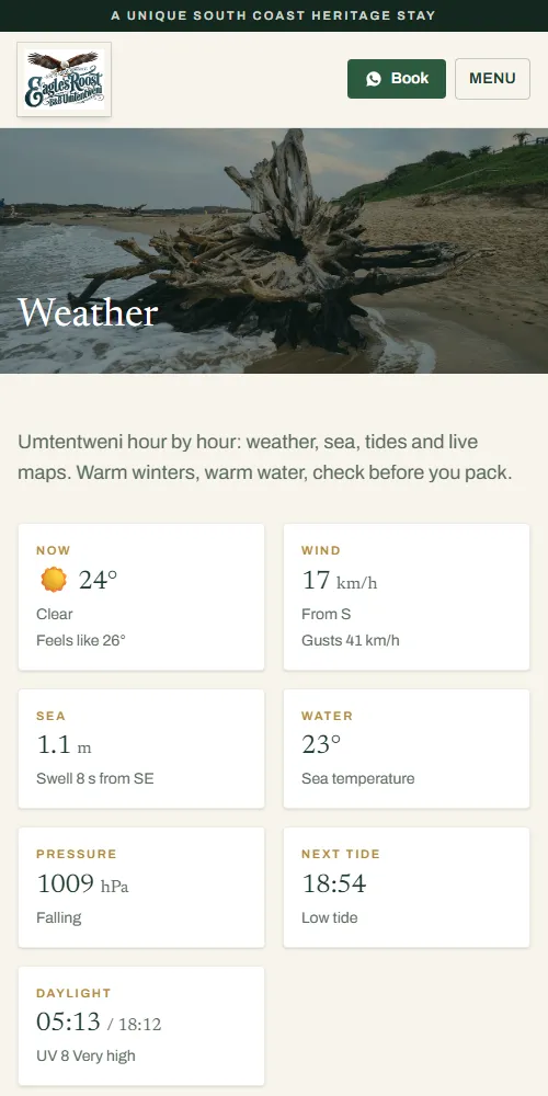 Eagle's Roost weather page on a phone: temperature, wind, sea, water temperature, next tide