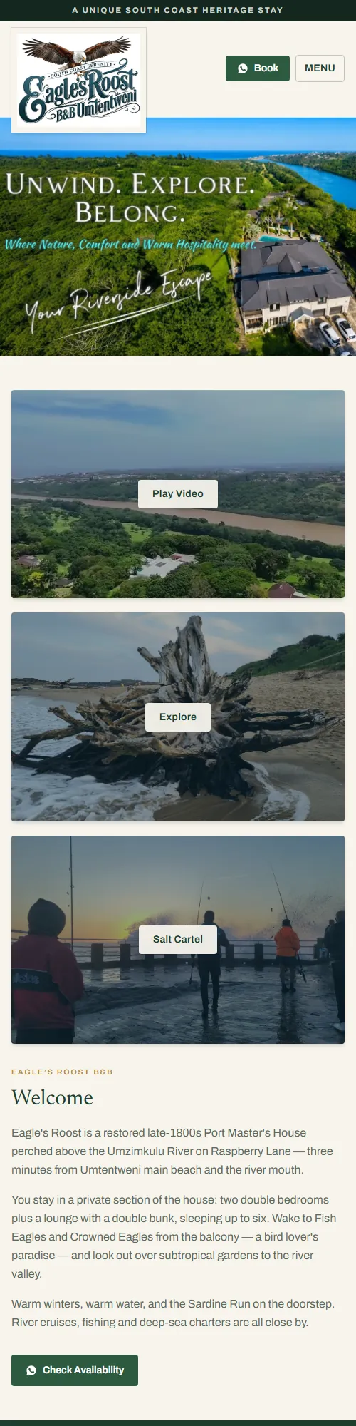 Eagle's Roost home page on a phone: logo, a WhatsApp Book button, the river view, and a Check Availability button further down